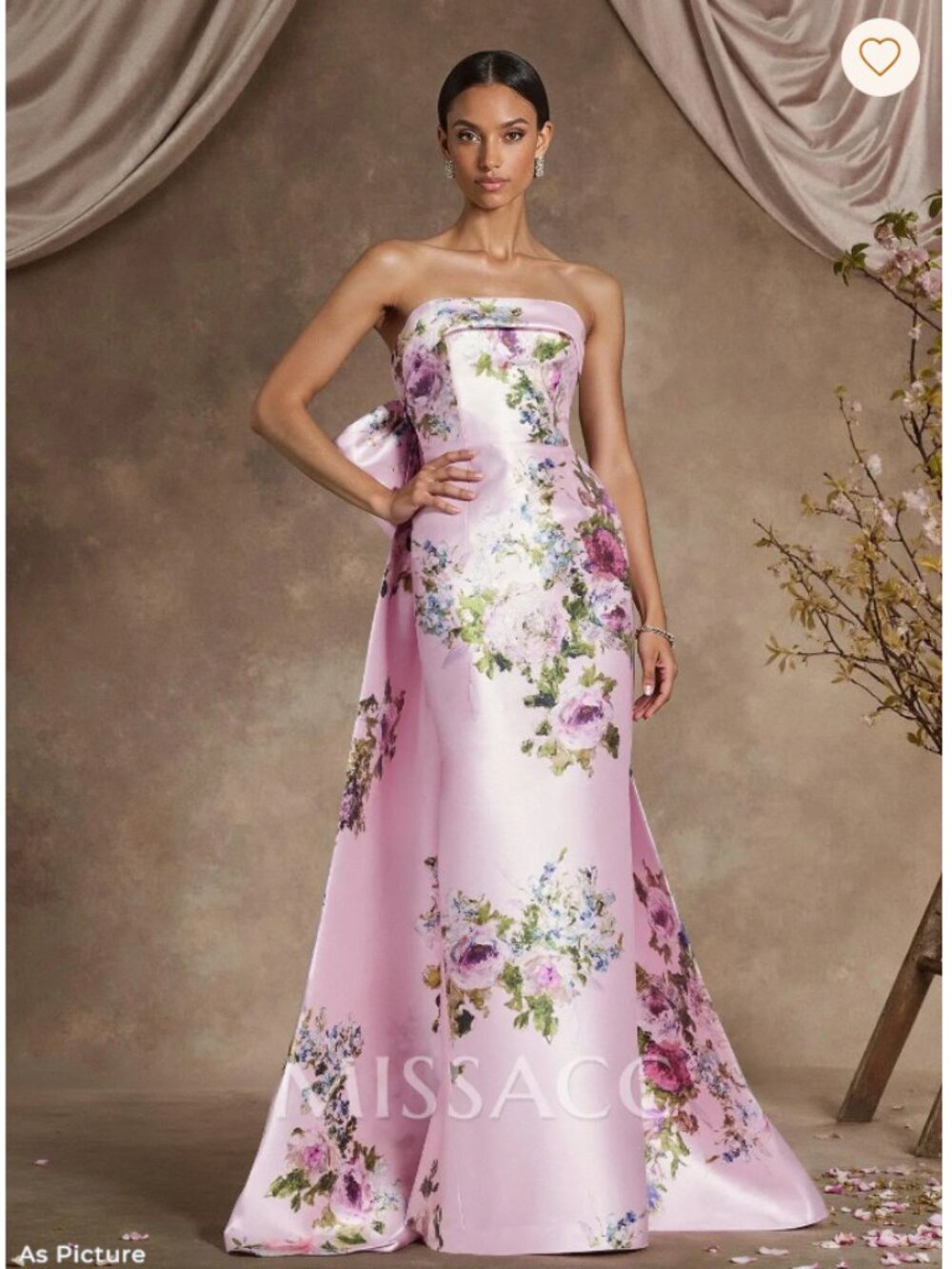 NWT Pink Floral Strapless Formal Gown w/ Removable Oversized Bow Train | US 8